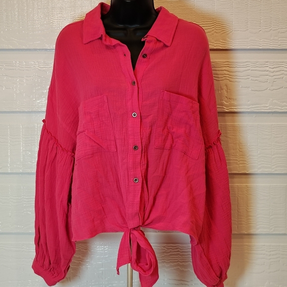 Peach Love California Tops - Peach Love California Pink Gauzy Raw Hem Boho Top